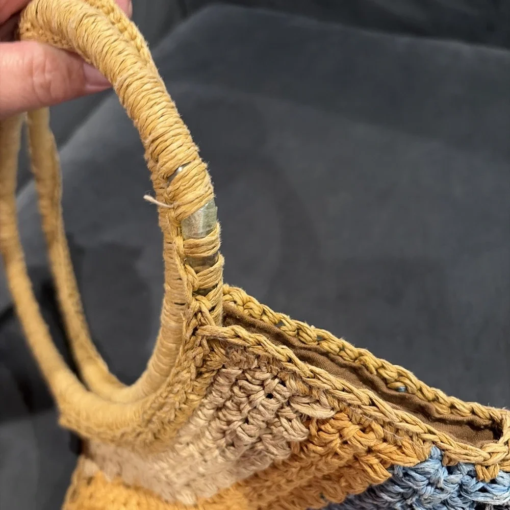 Vintage Cappelli Straworld Rainbow Striped Crochet Woven Toyo Handbag Purse Tote